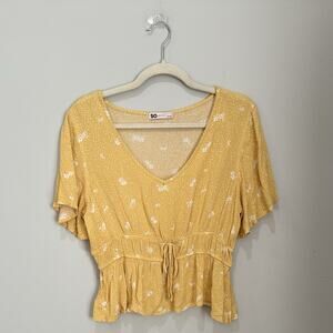Womens‎ Short Sleeve Floral Babydoll Top Size Medium Yellow Y2K Fairy Romantic